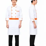 Áo bếp đồng phục màu trắng tay lửng phối cam 2 hàng khuy