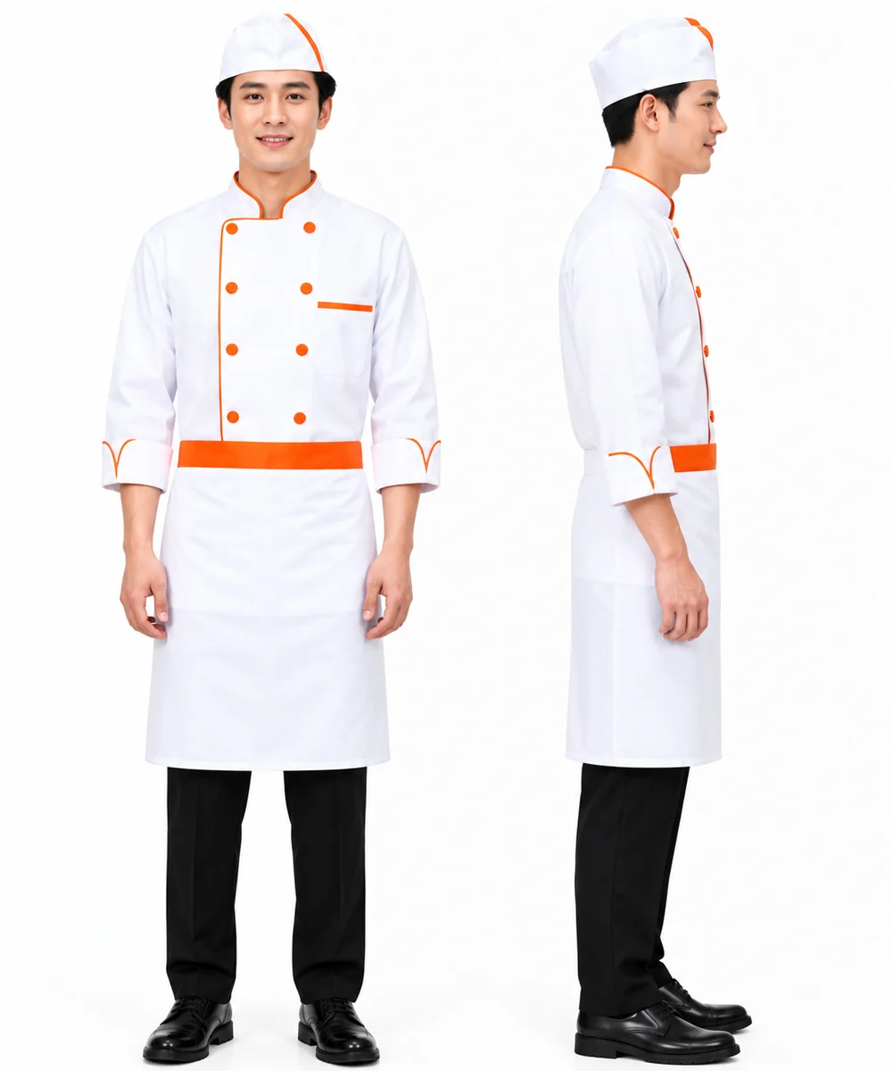 Áo bếp đồng phục màu trắng tay lửng phối cam 2 hàng khuy