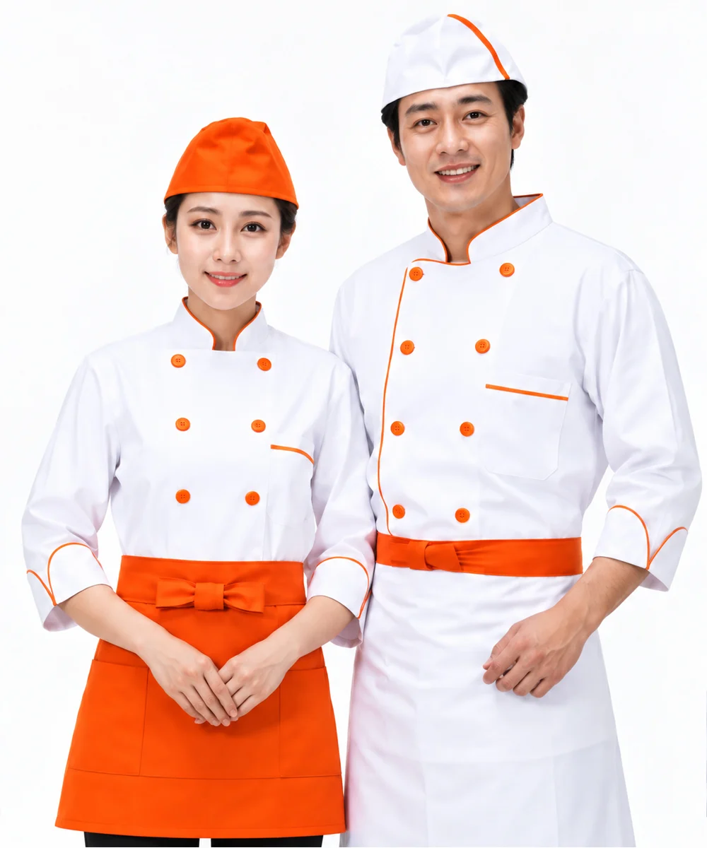 Áo bếp đồng phục màu trắng tay lửng phối cam 2 hàng khuy