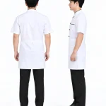 Áo bếp đồng phục ngắn tay màu trắng cổ trụ 2 hàng nút