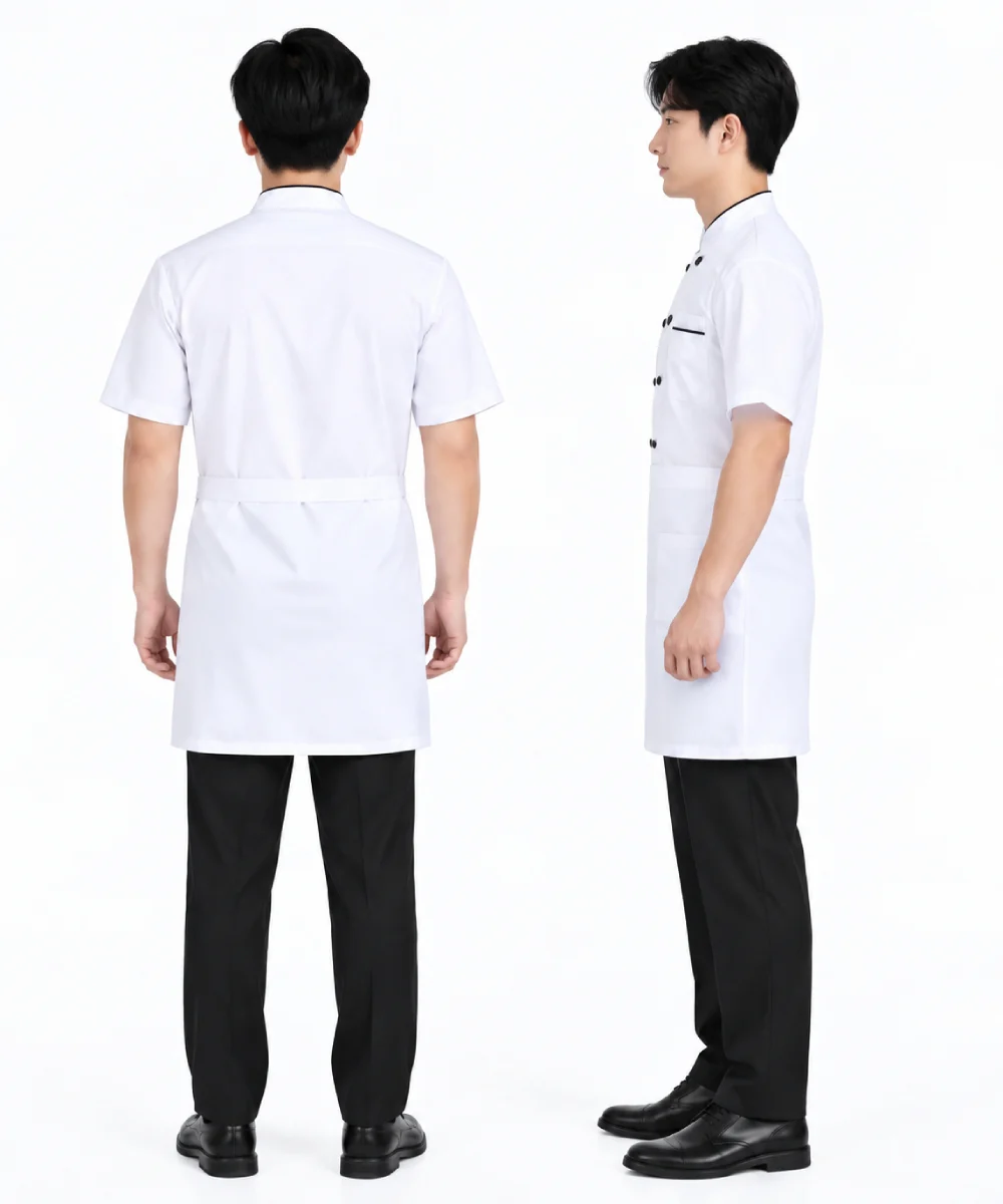 Áo bếp đồng phục ngắn tay màu trắng cổ trụ 2 hàng nút