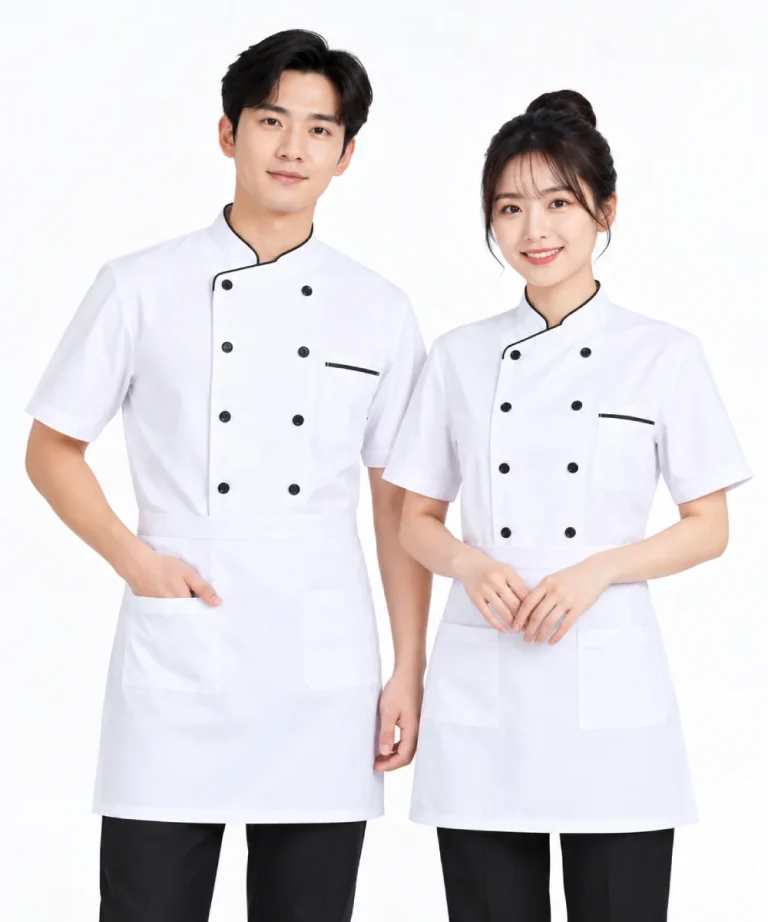 Áo bếp đồng phục ngắn tay màu trắng cổ trụ 2 hàng nút