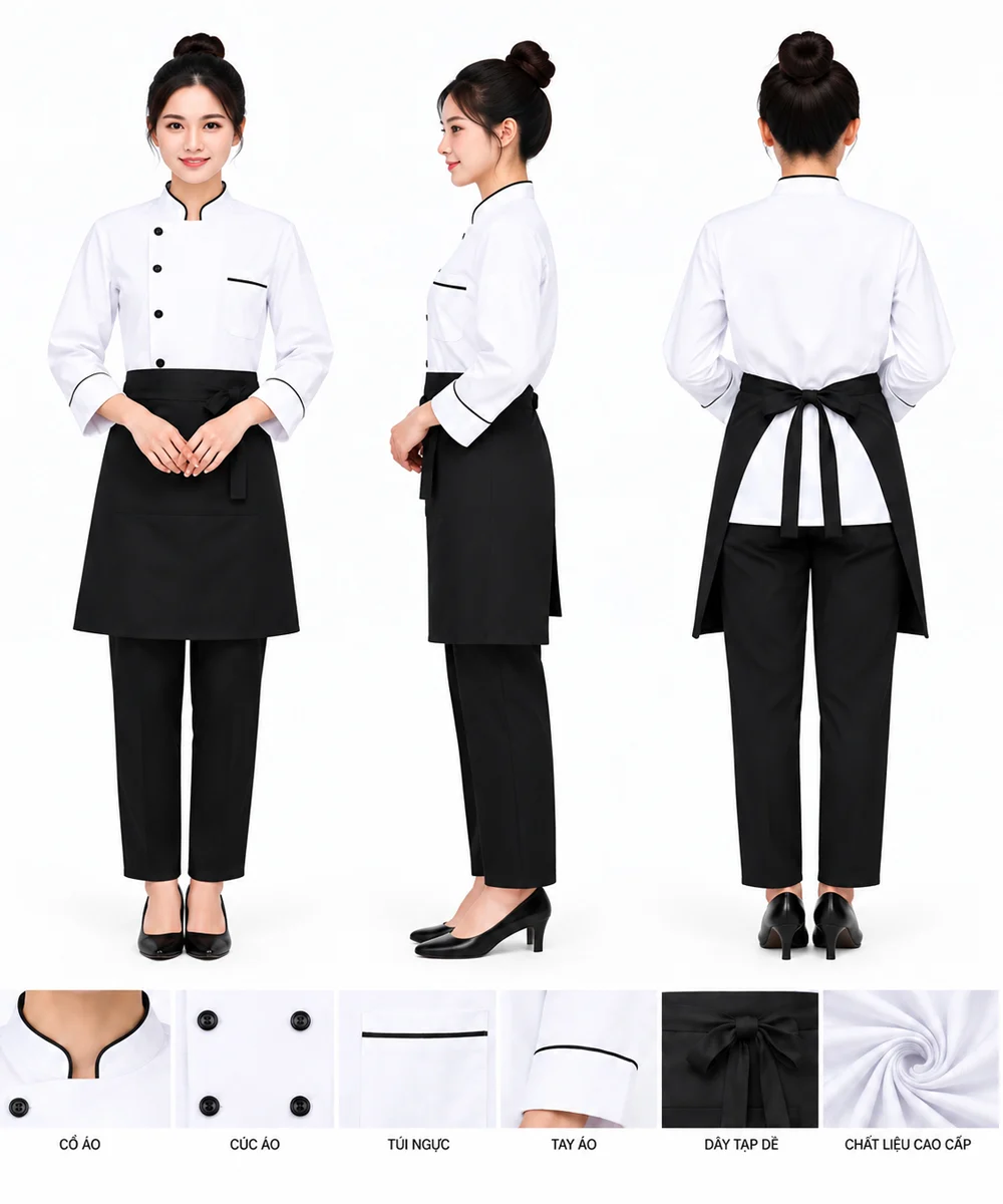 Áo bếp đồng phục nhà hàng màu trắng cổ trụ