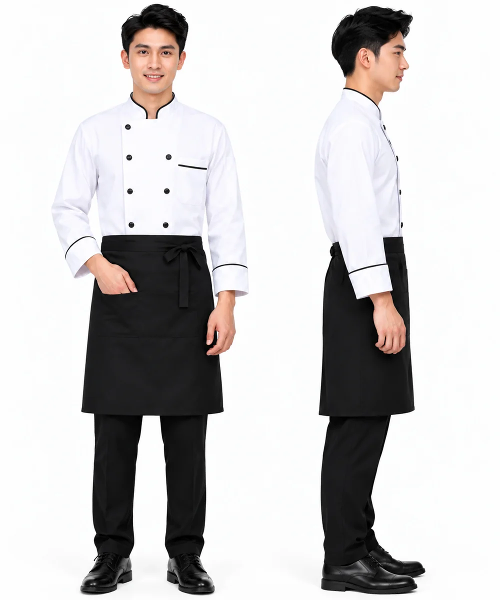 Áo bếp đồng phục nhà hàng màu trắng cổ trụ