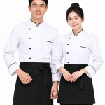 Áo bếp đồng phục nhà hàng màu trắng cổ trụ