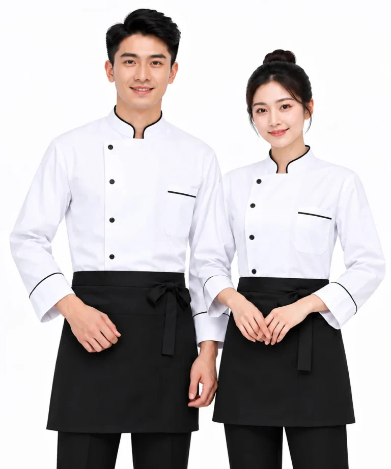 Áo bếp đồng phục nhà hàng màu trắng cổ trụ