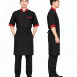 Áo bếp đồng phục tay lỡ màu đen viền đỏ 1 hàng nút