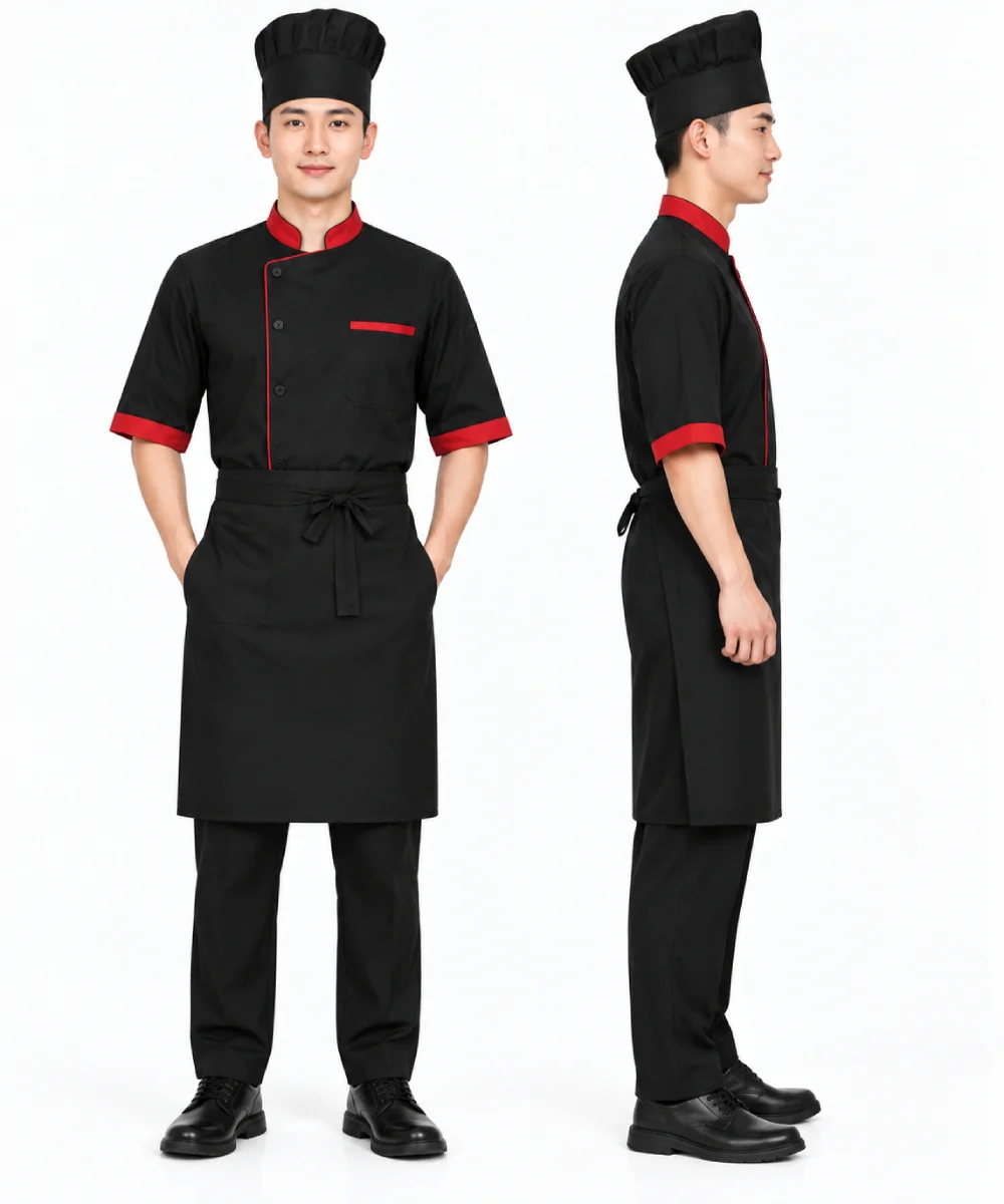 Áo bếp đồng phục tay lỡ màu đen viền đỏ 1 hàng nút