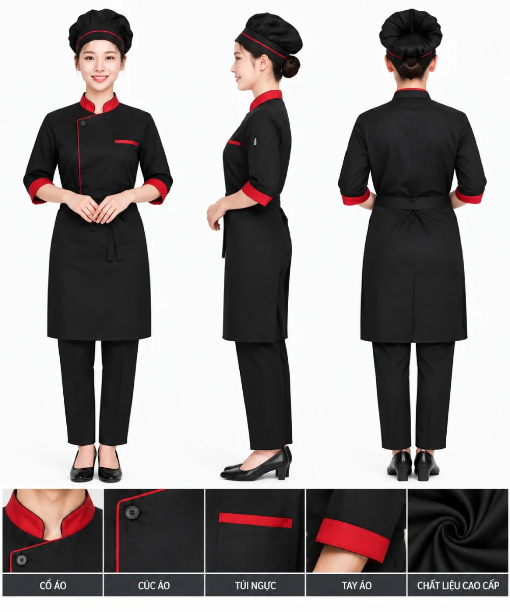 Áo bếp đồng phục tay lỡ màu đen viền đỏ 1 hàng nút