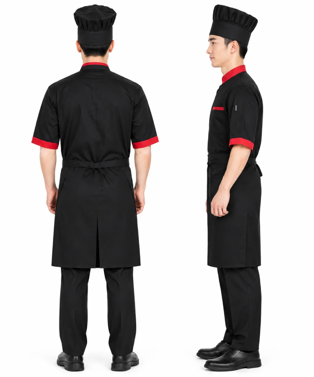Áo bếp đồng phục tay lỡ màu đen viền đỏ 1 hàng nút