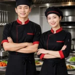 Áo bếp đồng phục tay lỡ màu đen viền đỏ 1 hàng nút