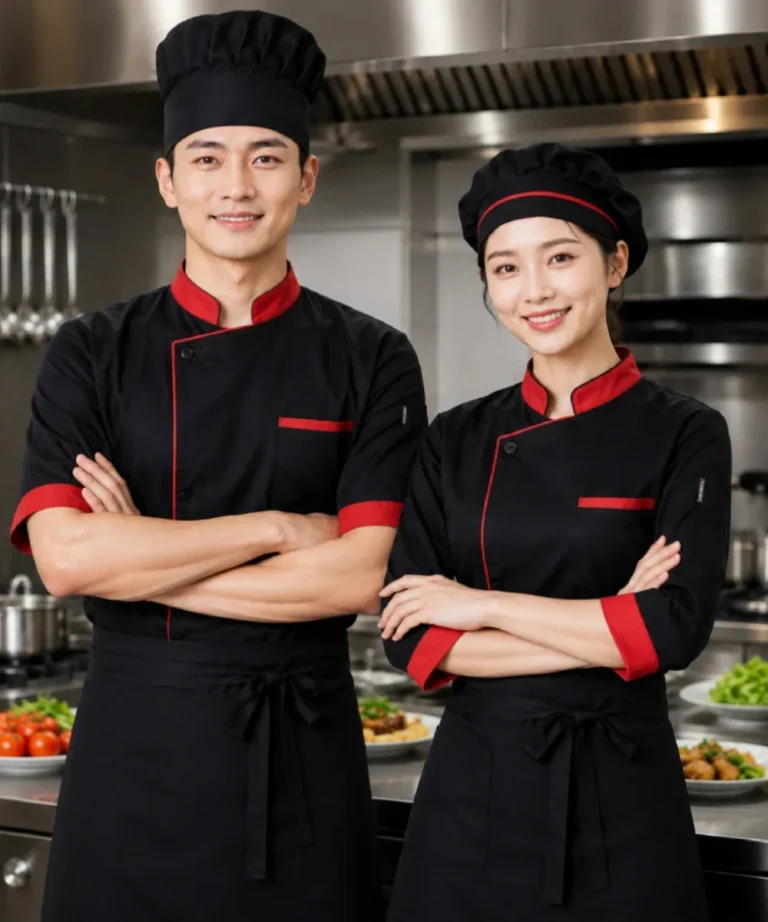 Áo bếp đồng phục tay lỡ màu đen viền đỏ 1 hàng nút