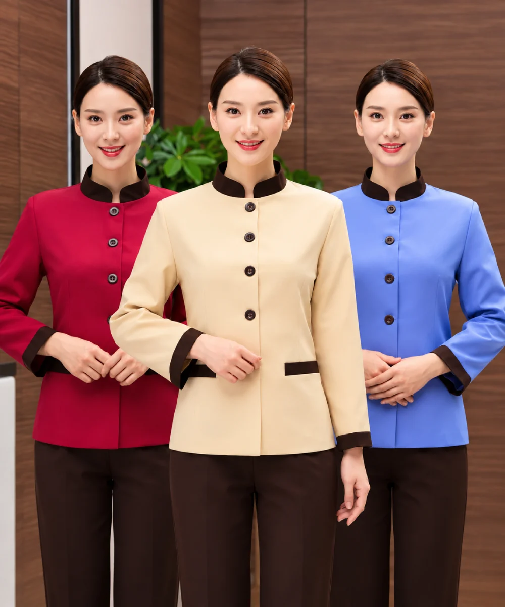 Áo đồng phục nhân viên buồng phòng khách sạn phối viền