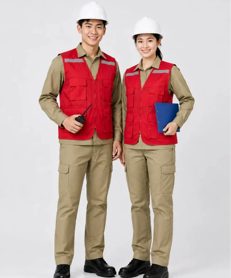 Áo gile bảo hộ lao động màu đỏ phản quang xám