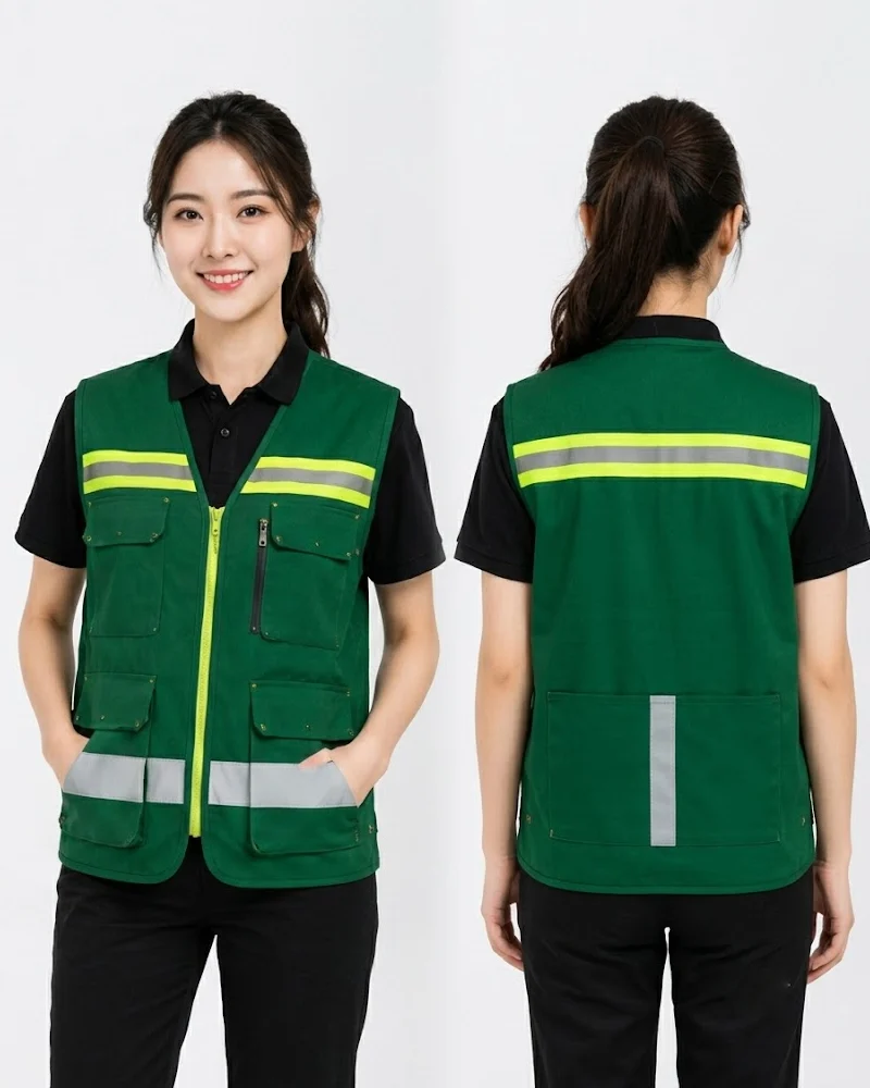 Áo gile bảo hộ màu xanh lá cây phối viền phản quang