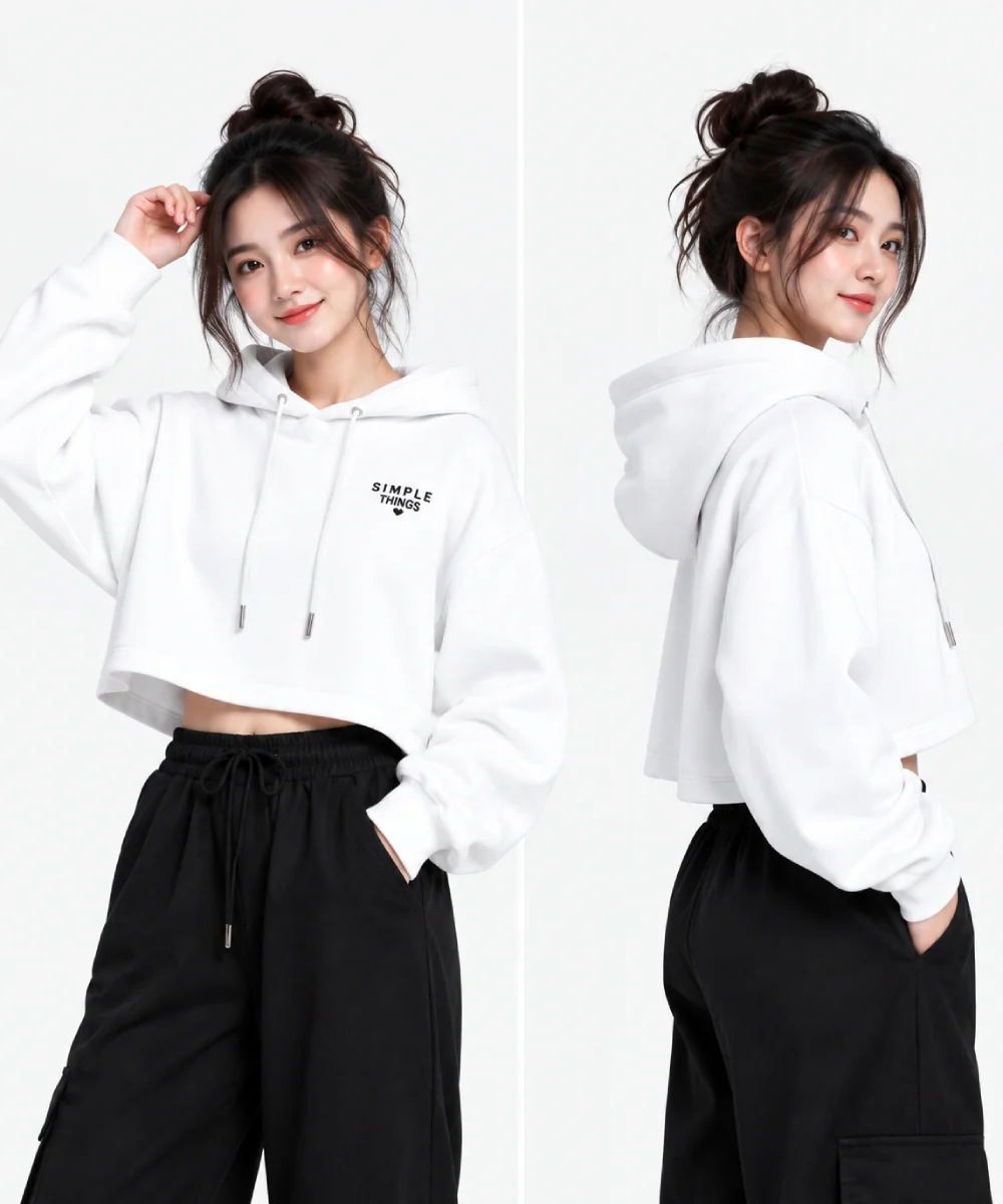 Áo hoodie Hoodie dáng lửng màu trắng năng động