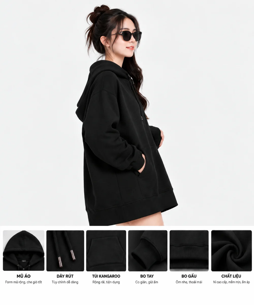 Áo hoodie dáng dài màu đen phong cách