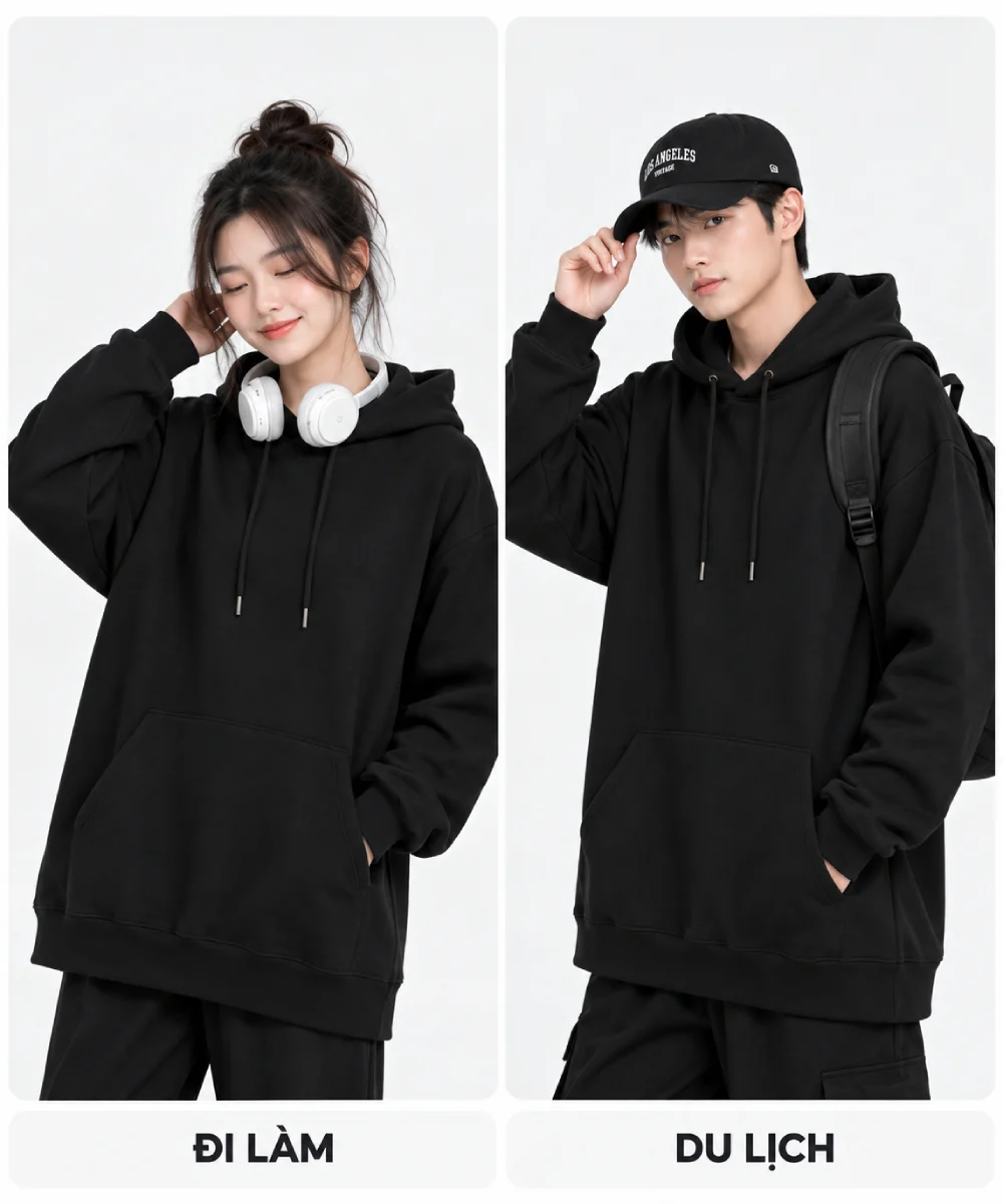 Áo hoodie dáng dài màu đen phong cách
