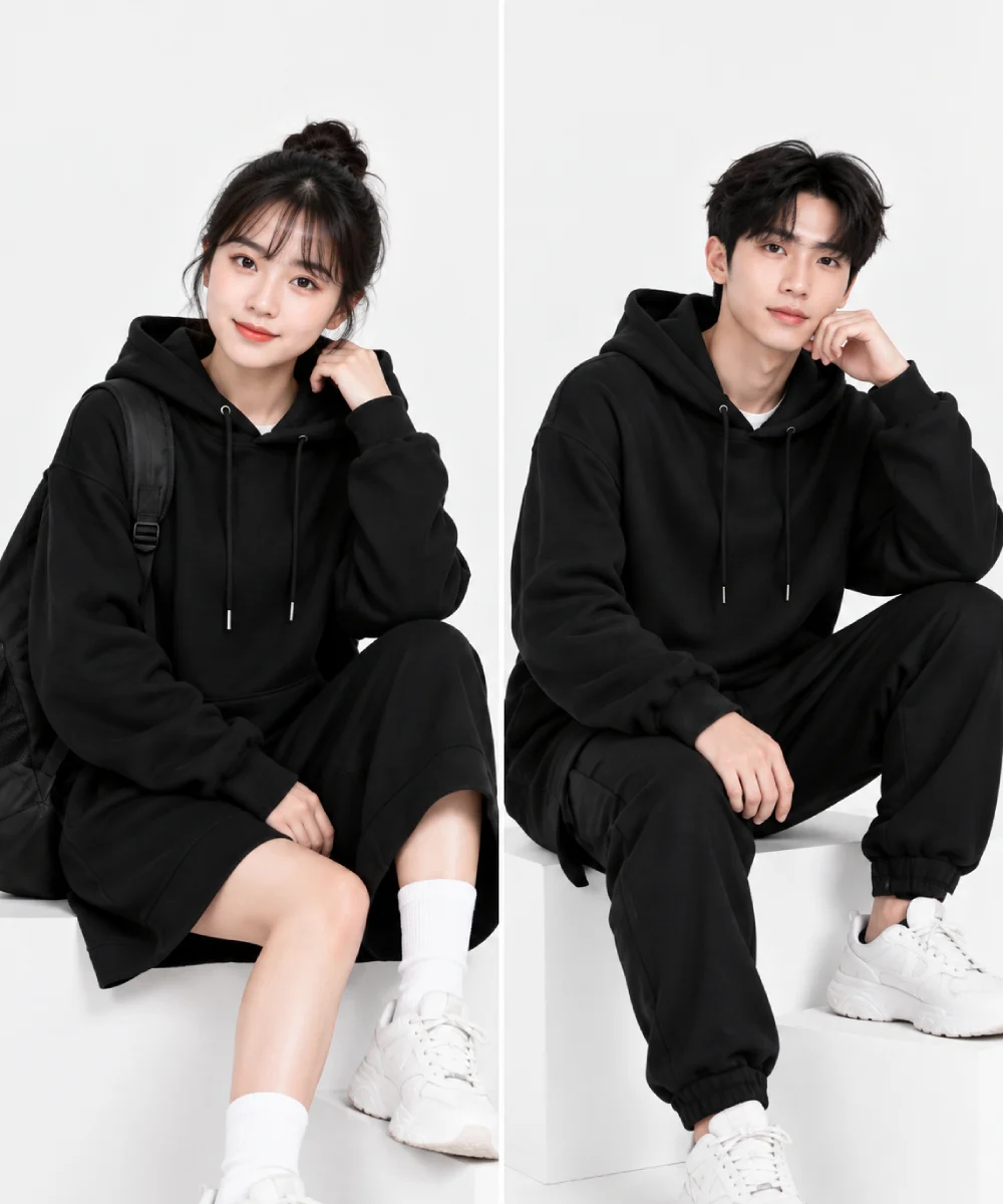 Áo hoodie dáng dài màu đen phong cách