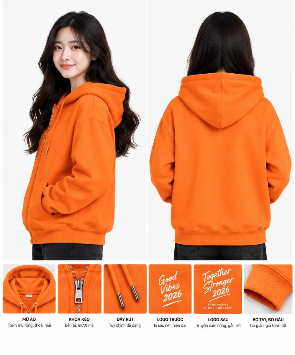 Áo hoodie đồng phục màu cam phong cách trẻ trung