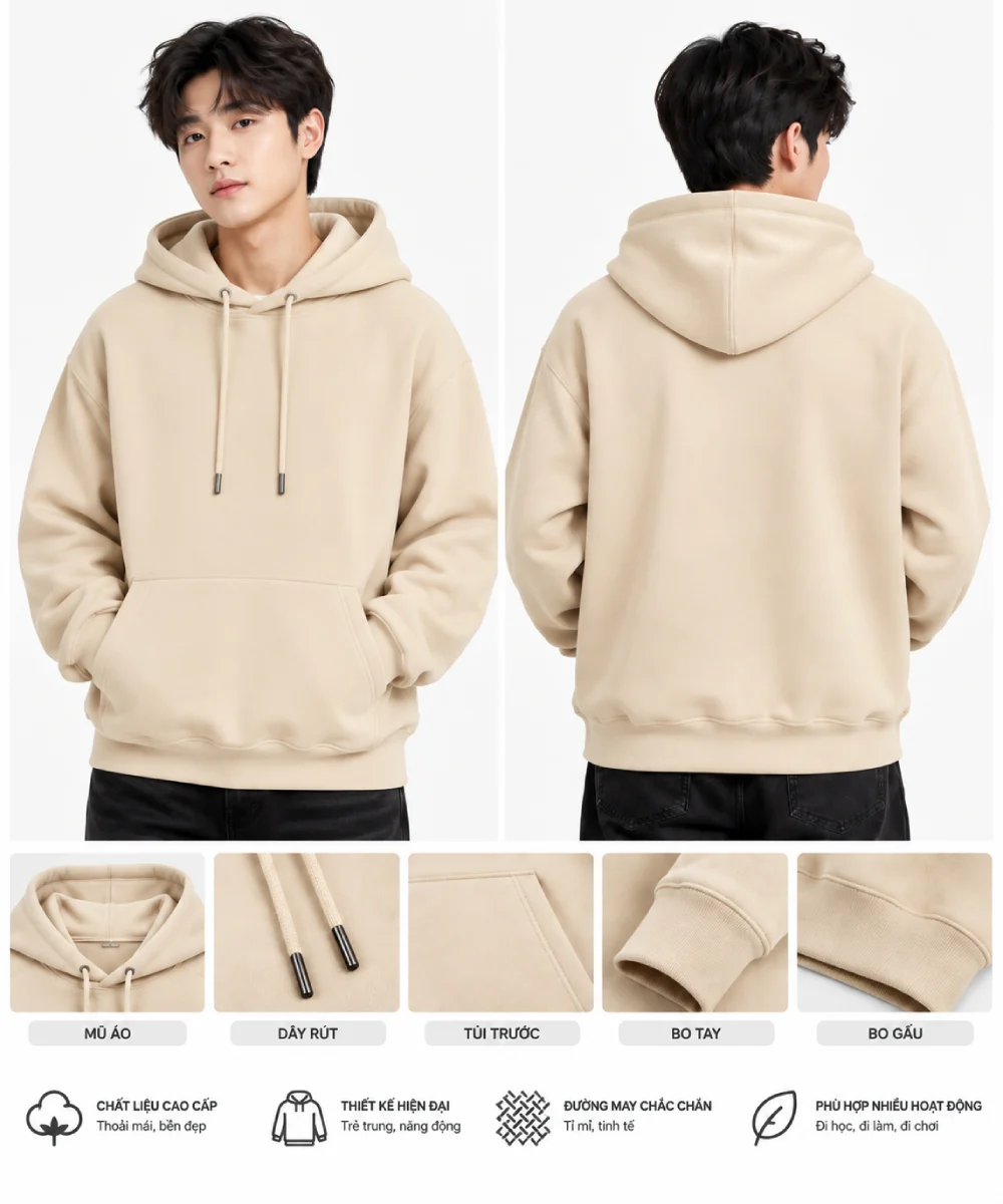 Áo hoodie đồng phục màu kem tối giản