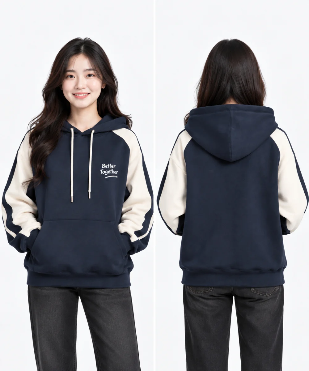 Áo hoodie đồng phục màu xanh navy phối tay trắng