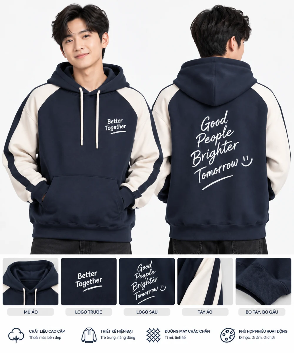 Áo hoodie đồng phục màu xanh navy phối tay trắng