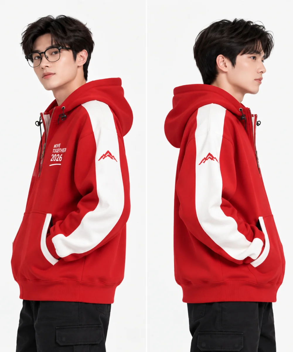 Áo hoodie khoá kéo 1/2 màu đỏ phối trắng
