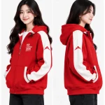 Áo hoodie khoá kéo 1/2 màu đỏ phối trắng