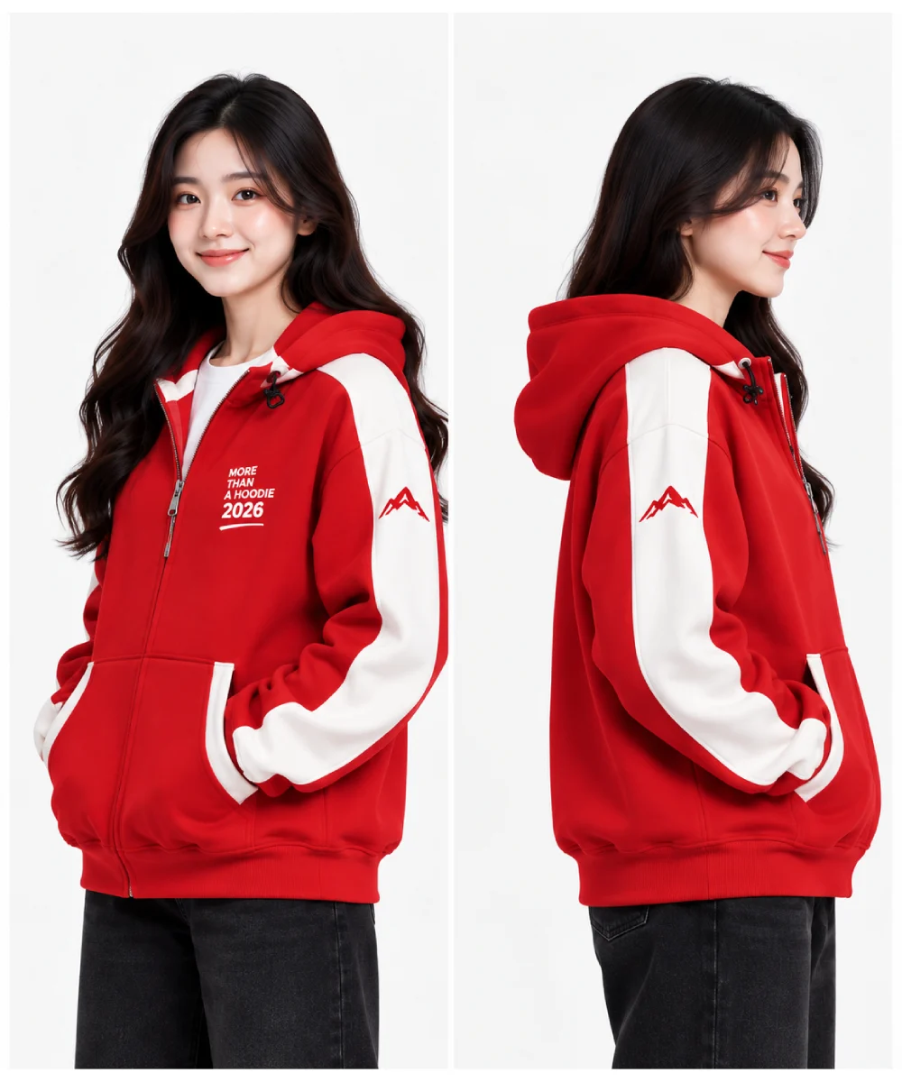 Áo hoodie khoá kéo 1/2 màu đỏ phối trắng