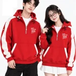 Áo hoodie khoá kéo 1/2 màu đỏ phối trắng