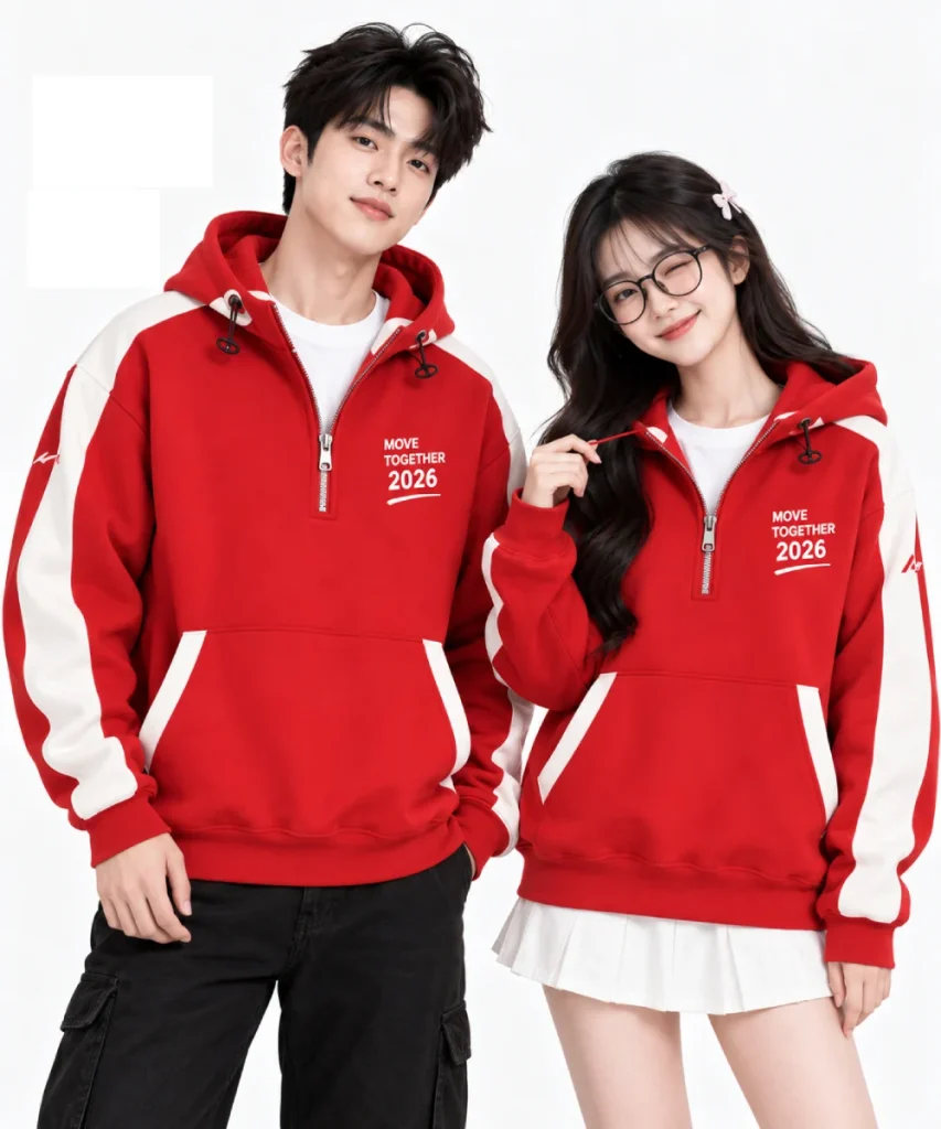 Áo hoodie khoá kéo 1/2 màu đỏ phối trắng