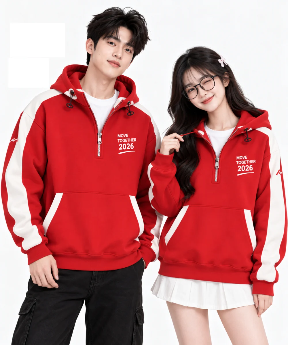 Áo hoodie khoá kéo 1/2 màu đỏ phối trắng
