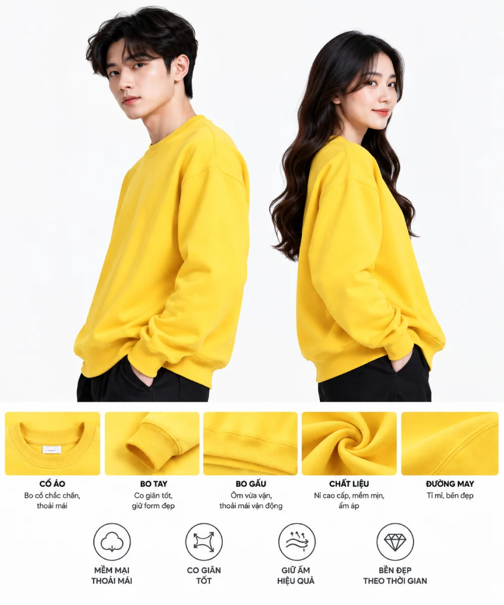 Áo hoodie không mũ màu vàng cơ bản