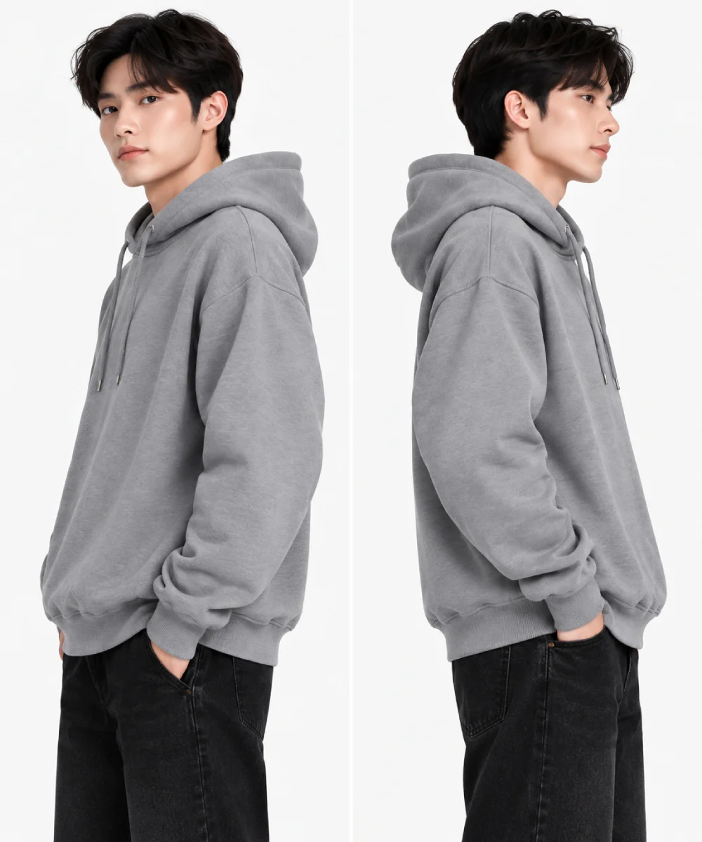 Áo hoodie không túi màu xám tối giản