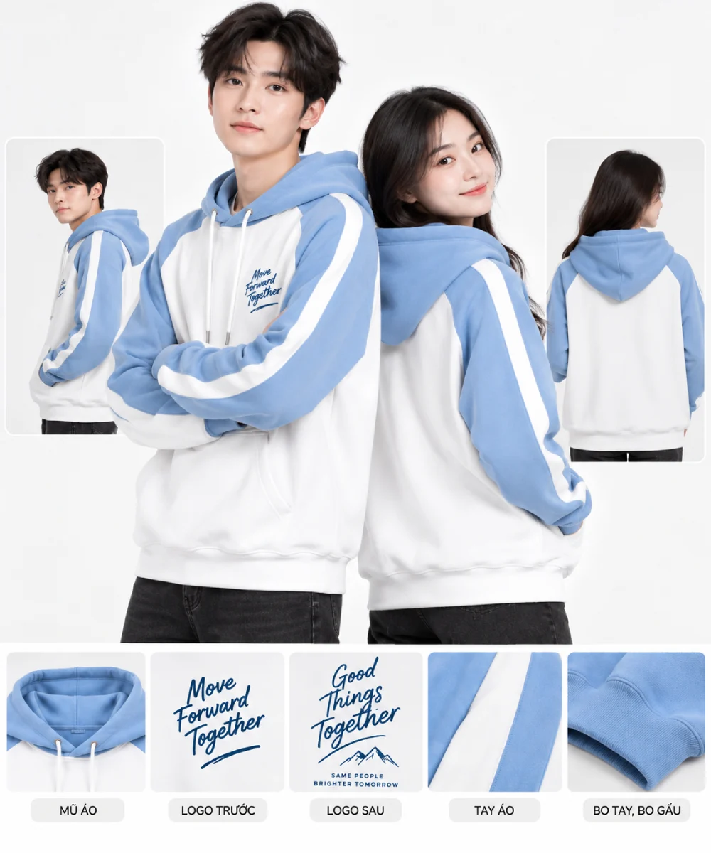 Áo hoodie nam nữ màu trắng xanh hiện đại