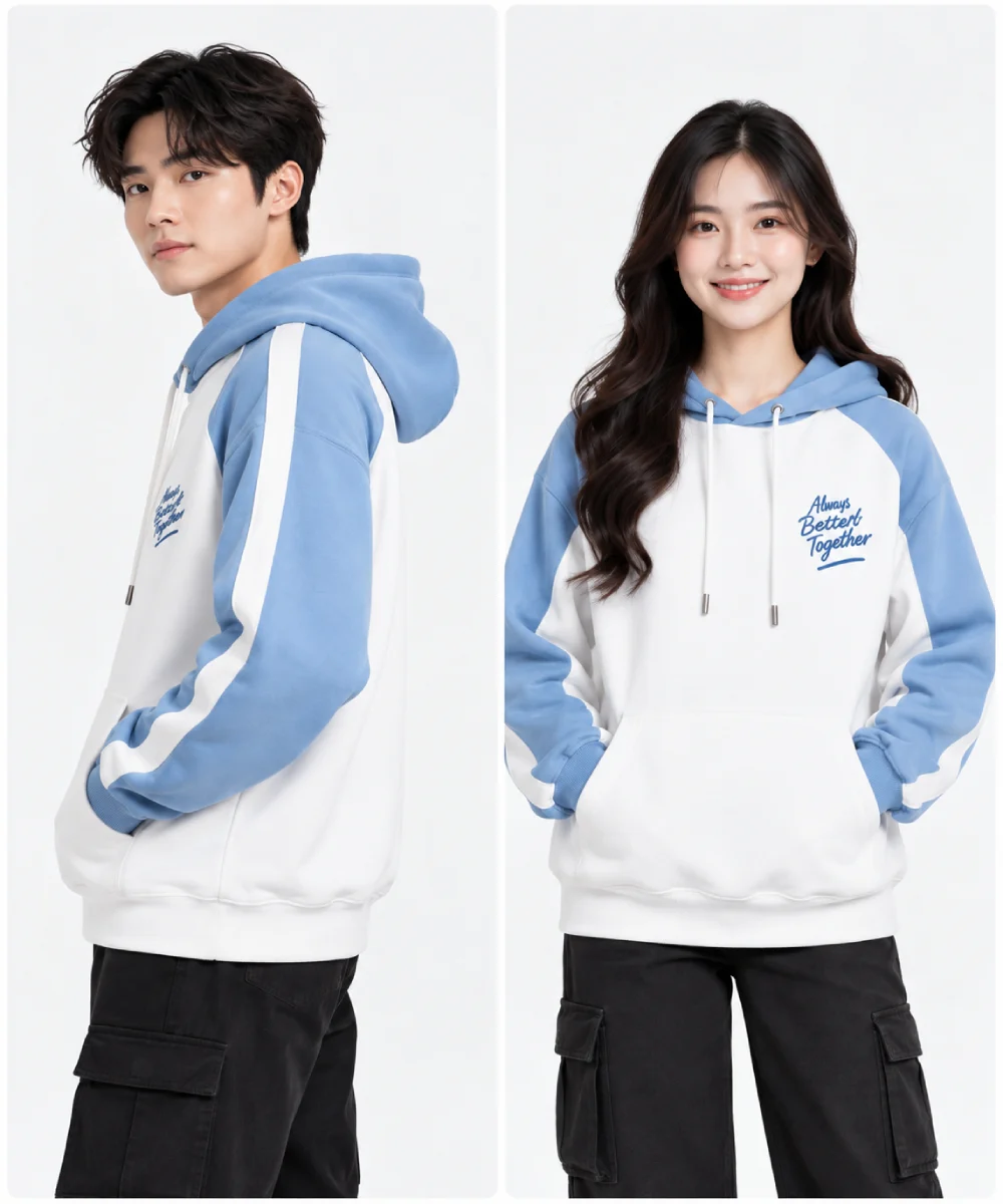 Áo hoodie nam nữ màu trắng xanh hiện đại