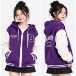 Áo hoodie varsity thời trang màu tím phối trắng