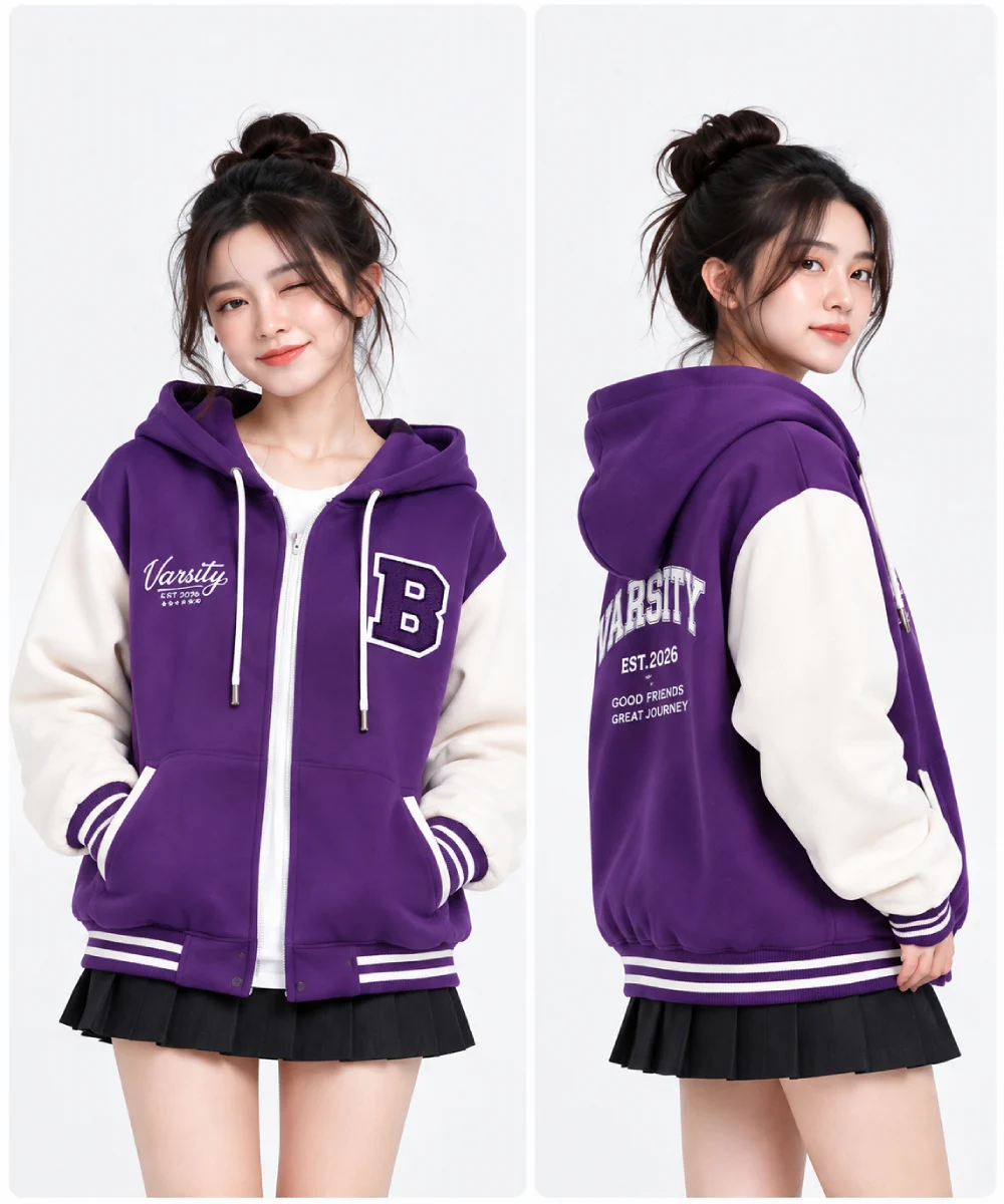 Áo hoodie varsity thời trang màu tím phối trắng