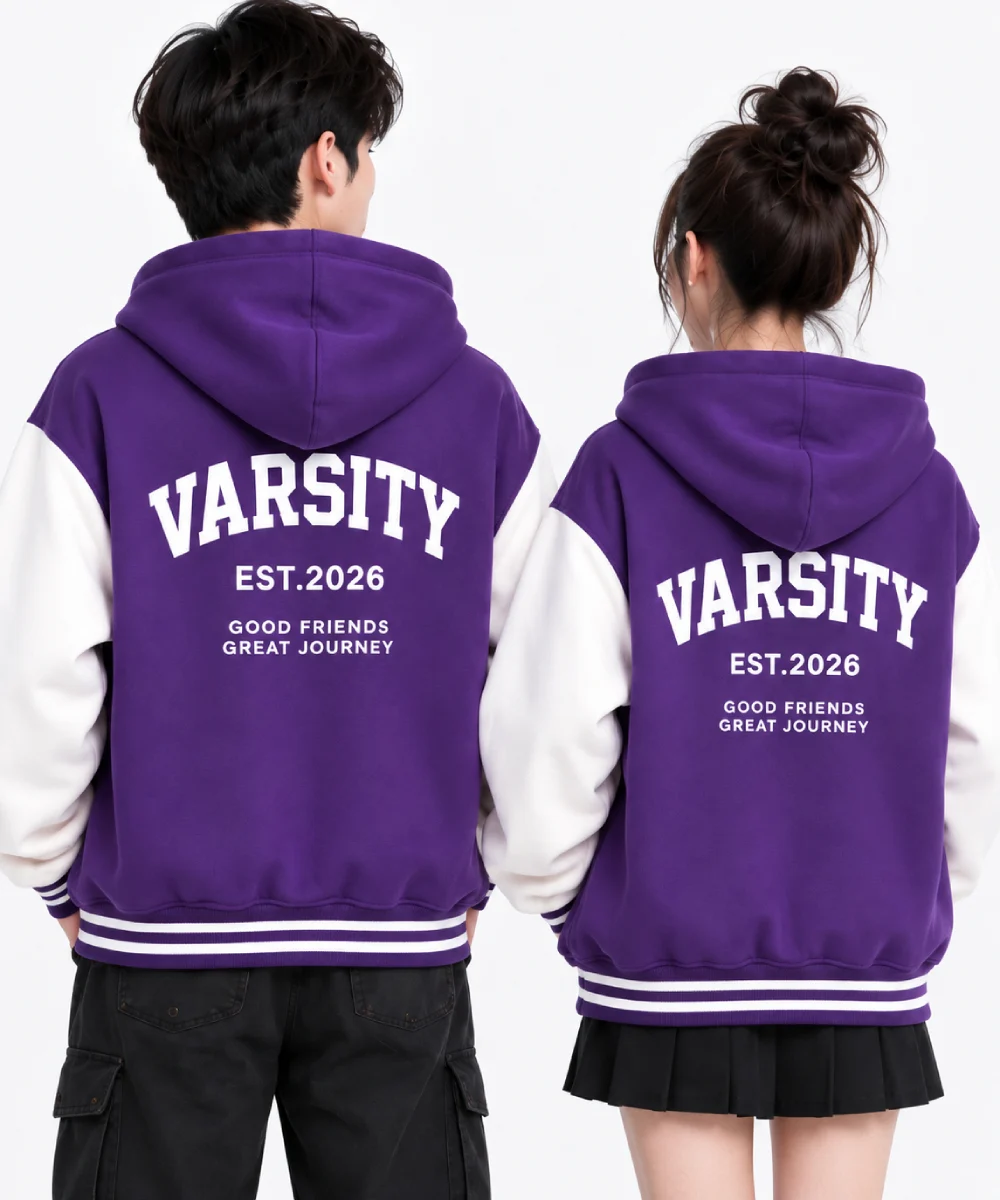 Áo hoodie varsity thời trang màu tím phối trắng