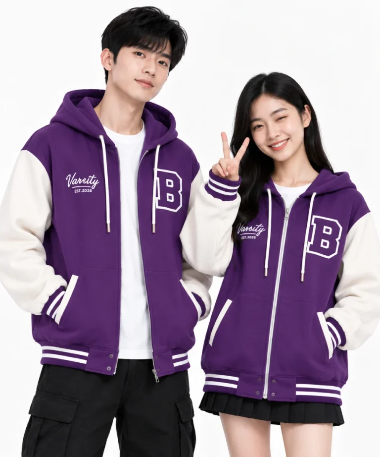 Áo hoodie varsity thời trang màu tím phối trắng