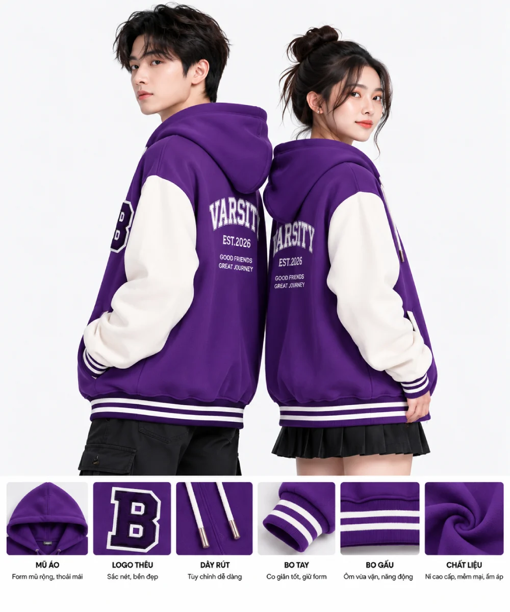 Áo hoodie varsity thời trang màu tím phối trắng