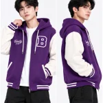 Áo hoodie varsity thời trang màu tím phối trắng