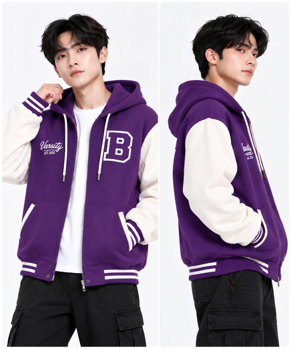 Áo hoodie varsity thời trang màu tím phối trắng