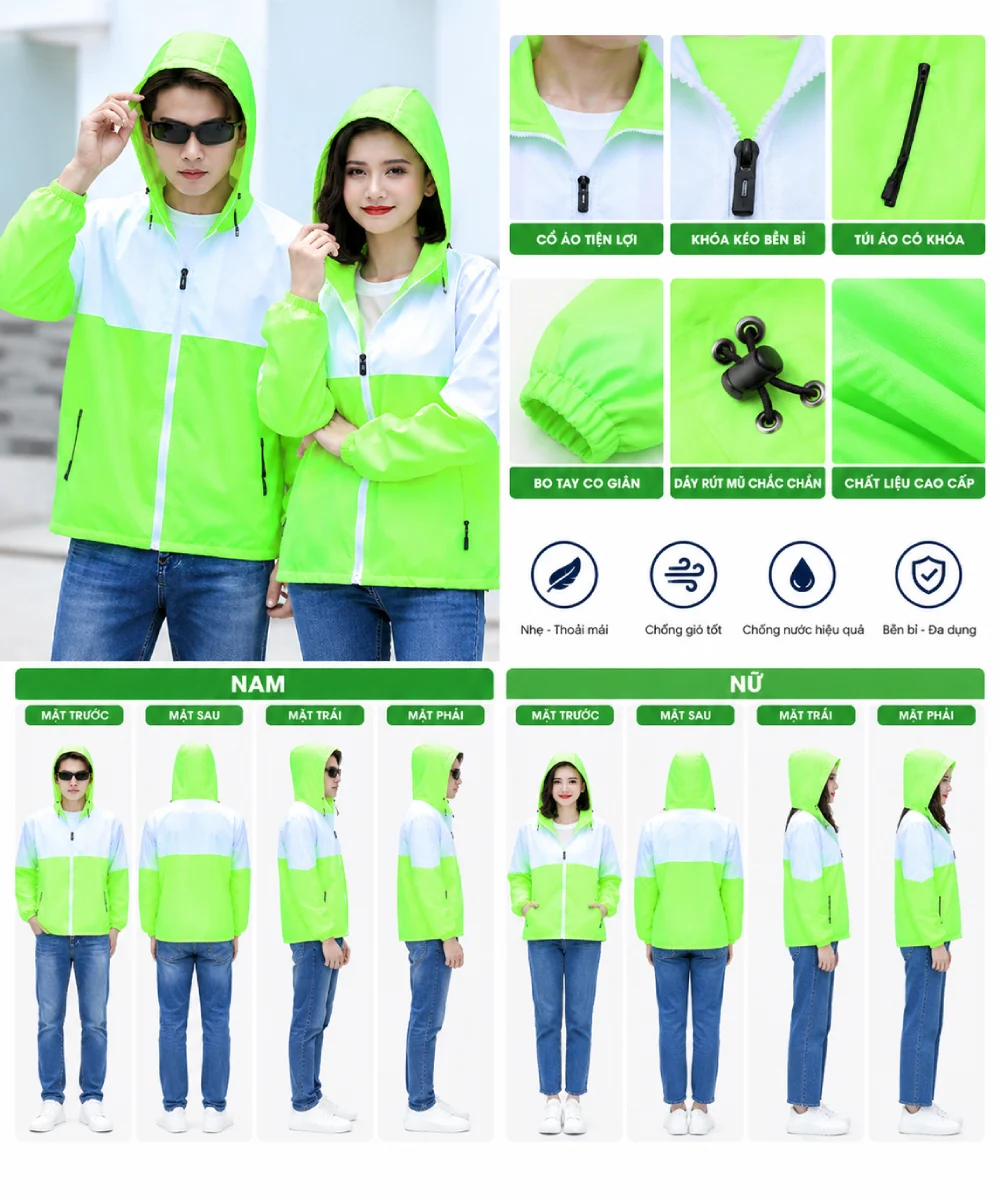Áo khoác gió đồng phục phối màu xanh neon