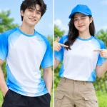 Áo nhóm đi du lịch màu trắng phối raglan màu xanh