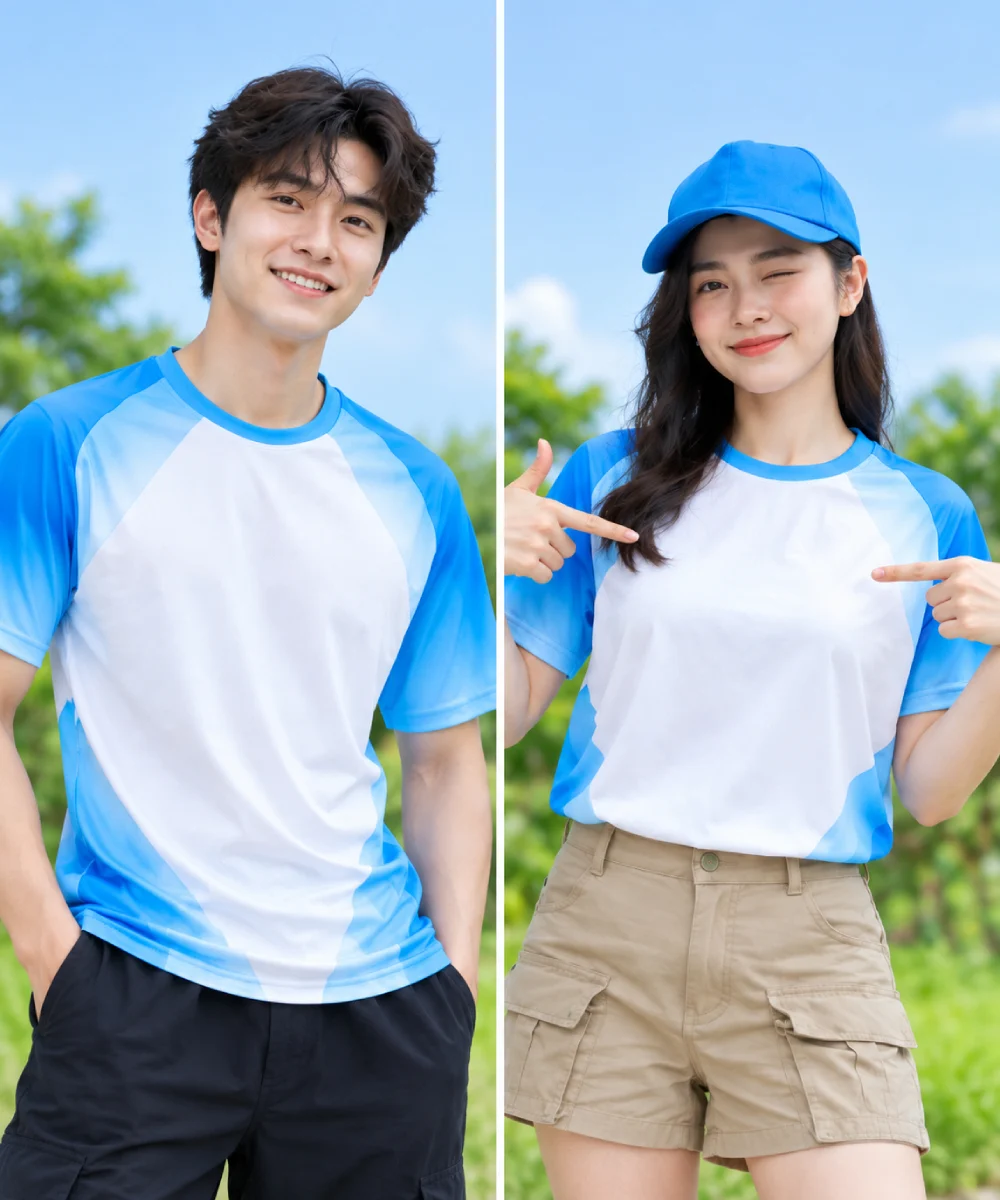Áo nhóm đi du lịch màu trắng phối raglan màu xanh