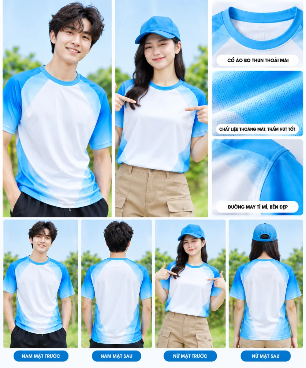 Áo nhóm đi du lịch màu trắng phối raglan màu xanh