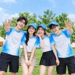 Áo nhóm đi du lịch màu trắng phối raglan màu xanh