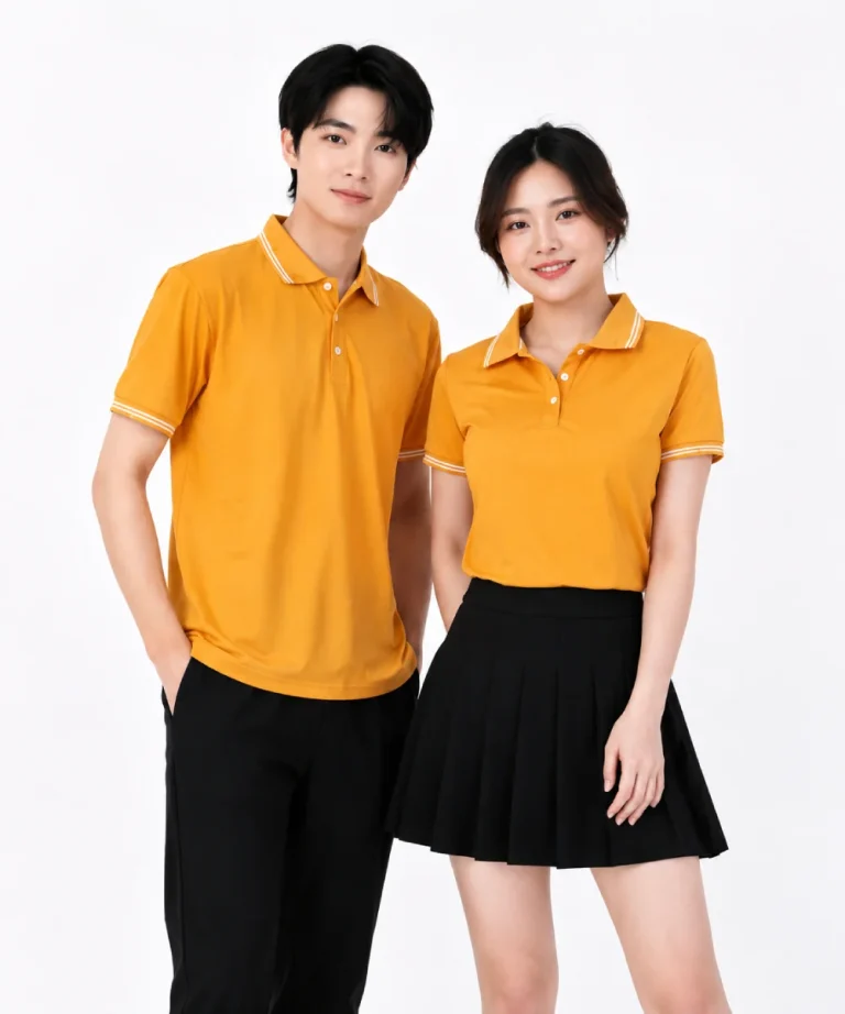 Áo polo may sẵn màu cam đất viền trắng